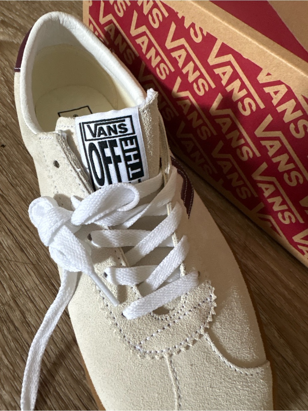 Vans Sport Low Unisex Cream Suede Sneakers with Maroon Side Stripe and Gum Sole - Picture 4 of 5